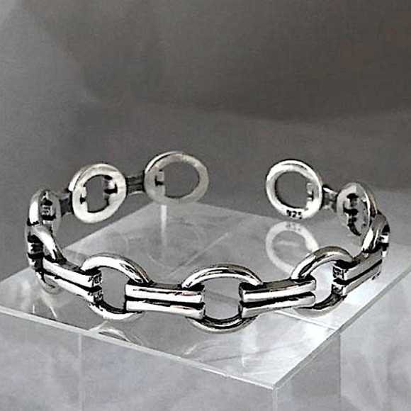 Sterling Silver Chain Link Design Minimalist Bangle Cuff Unisex Bracelet - Picture 1 of 6